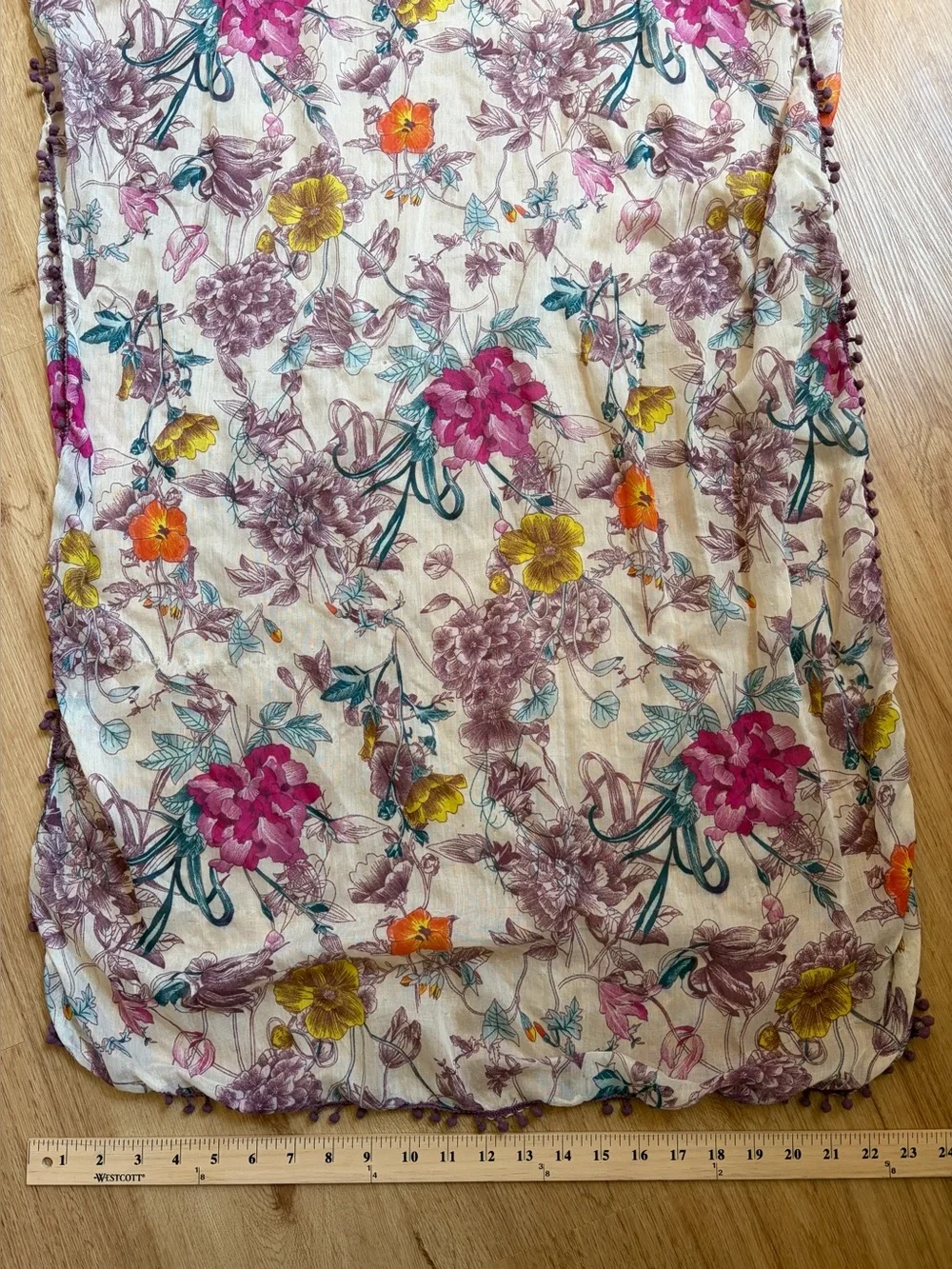 Floral Scarf Lavender Pink Yellow Pom Pom Trim Lightweight preppy boho rectangle